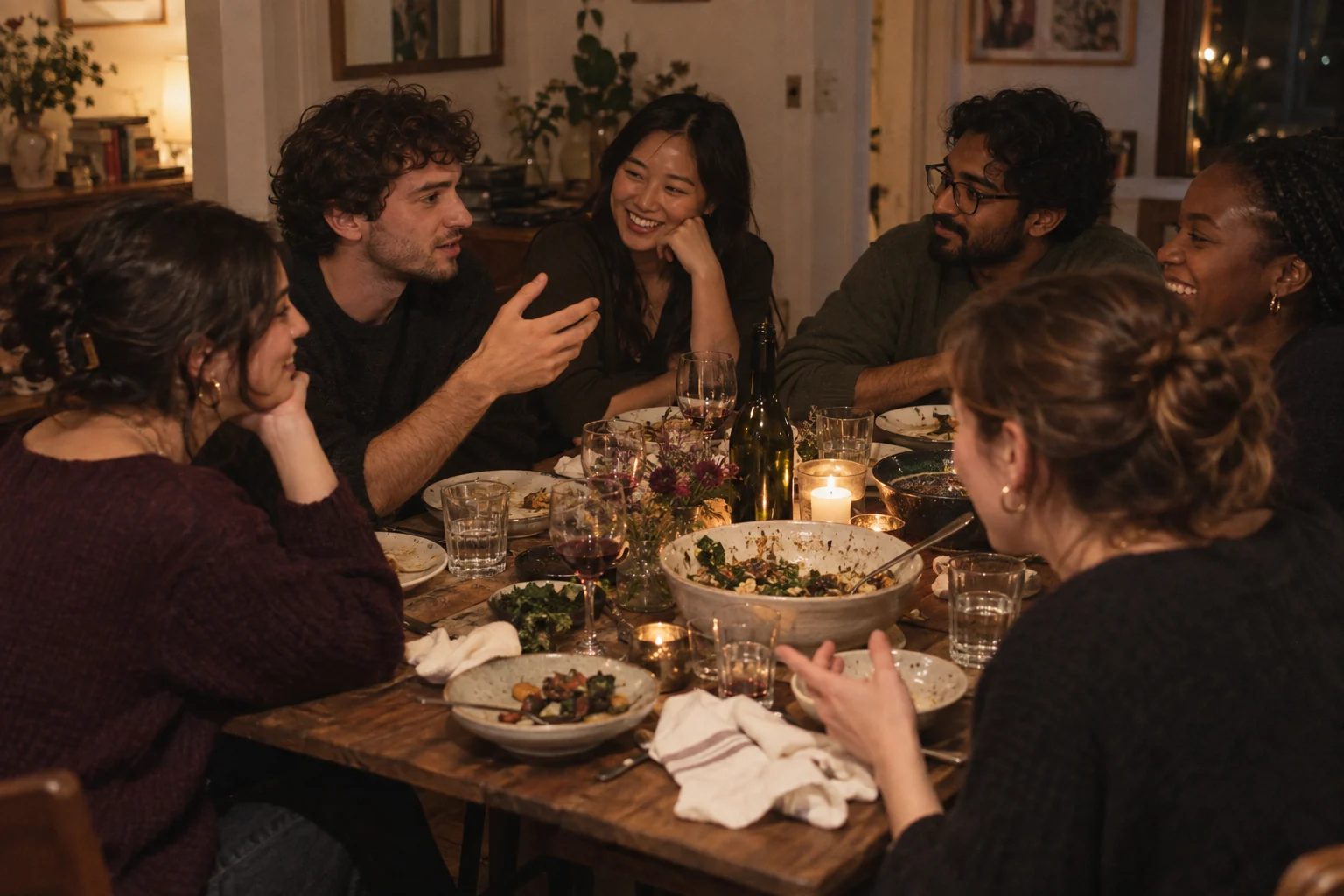 Concept photograph of six founders sharing an intimate dinner conversation.
