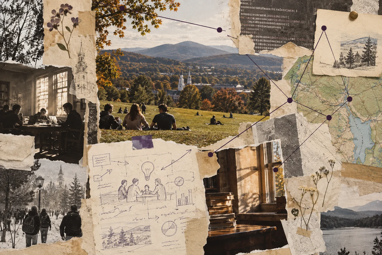 Original collage of campus ephemera, code, maps, startup notes and network lines.