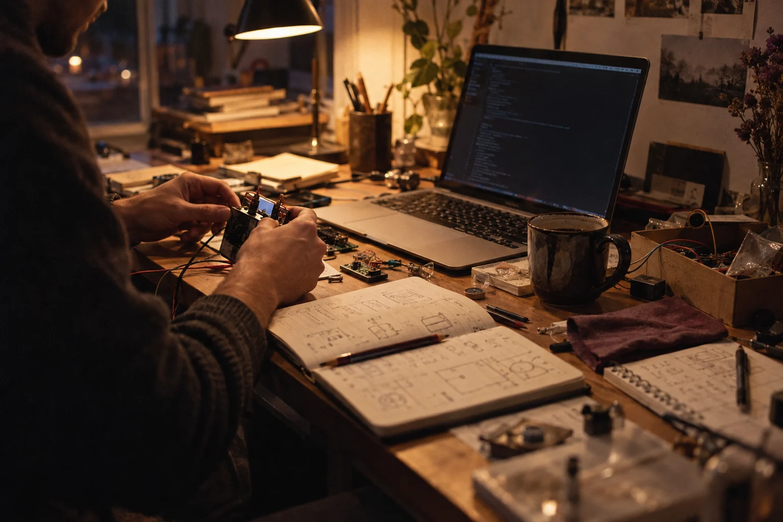 Concept documentary photograph of an engineer’s workbench with notebooks, hardware and a terminal.